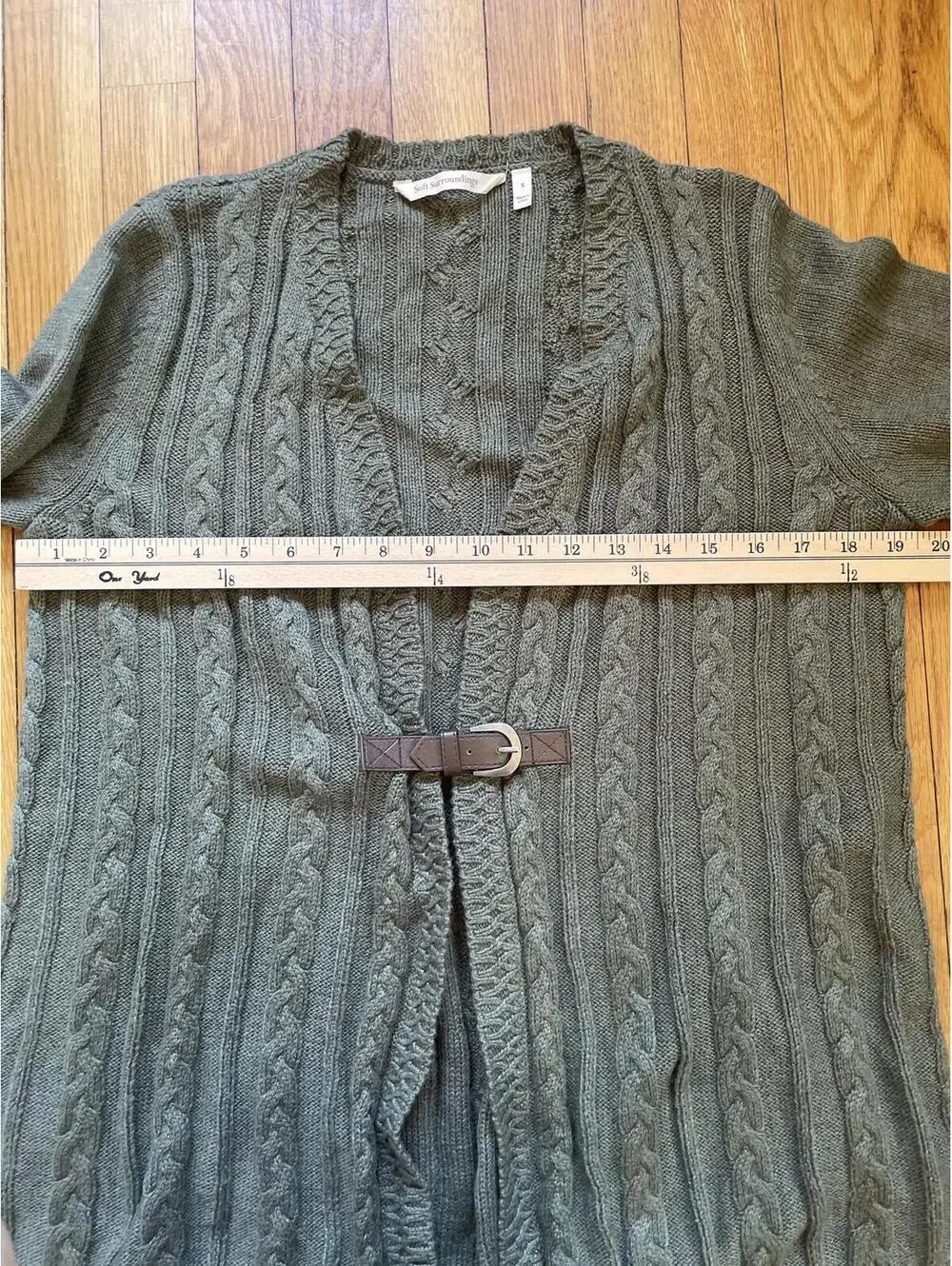 Soft Surroundings Olive Green Belted Cable Knit Cardigan Sweater Small Woodland